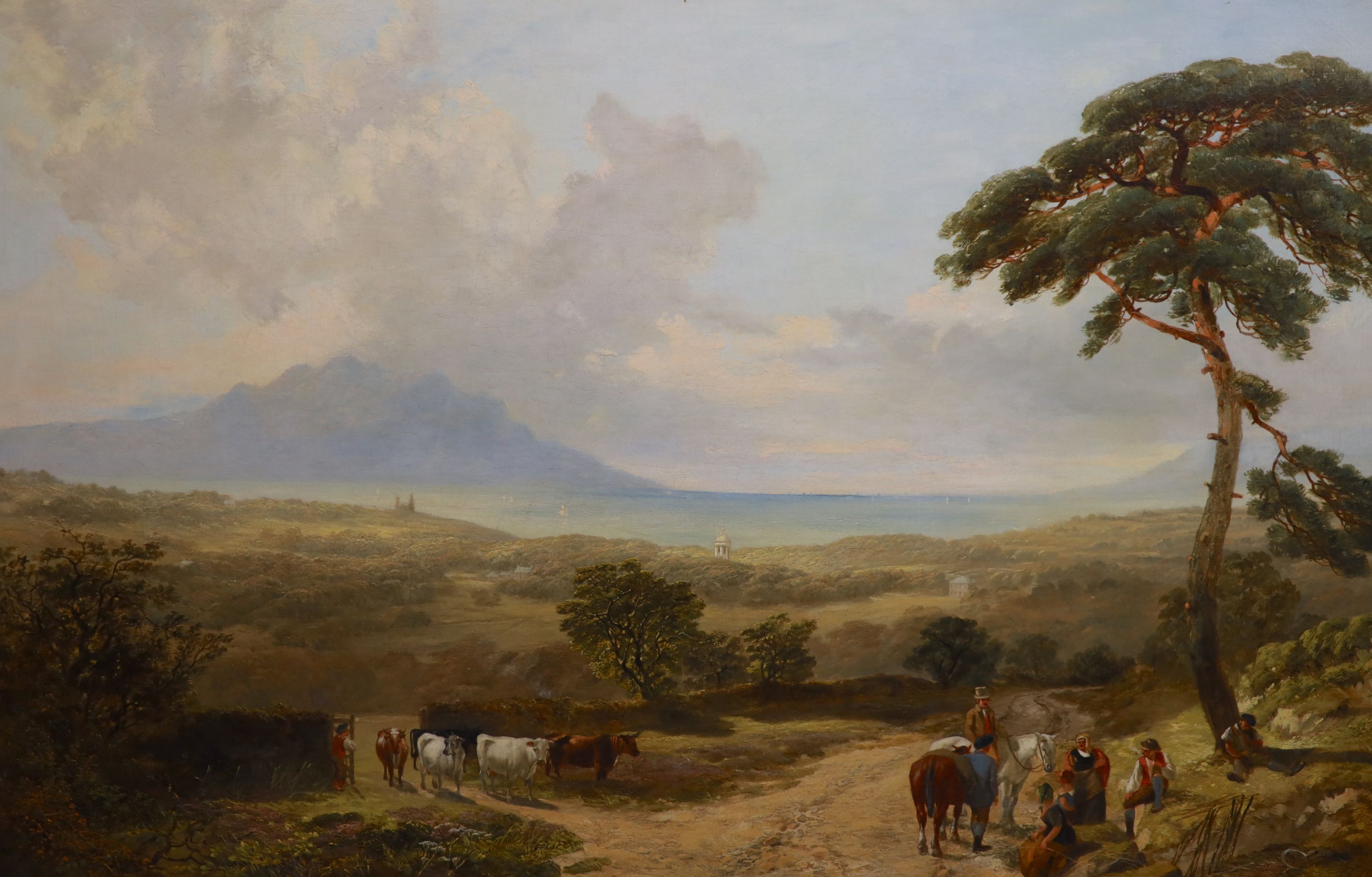 James Peel RBA (1811-1906, Extensive landscape with harvesters at rest, cattle drover and coastal scene beyond, oil on canvas, 75 x 116cm